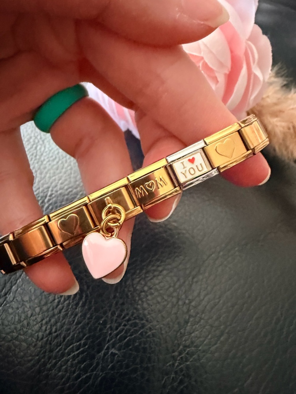 Mom I Love You  Italian Charm Bracelet with Heart Dangle – Gold Tone